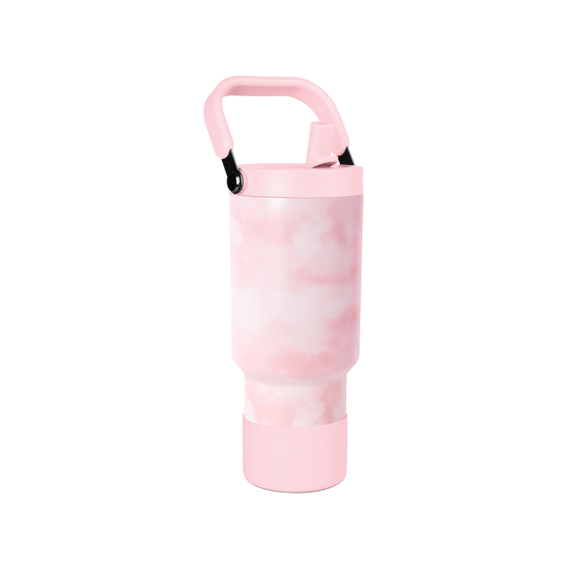 Light blush pink tumbler with handle and matching lid, simple modern design