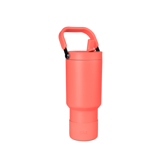 Coral-salmon pink insulated water bottle with white background