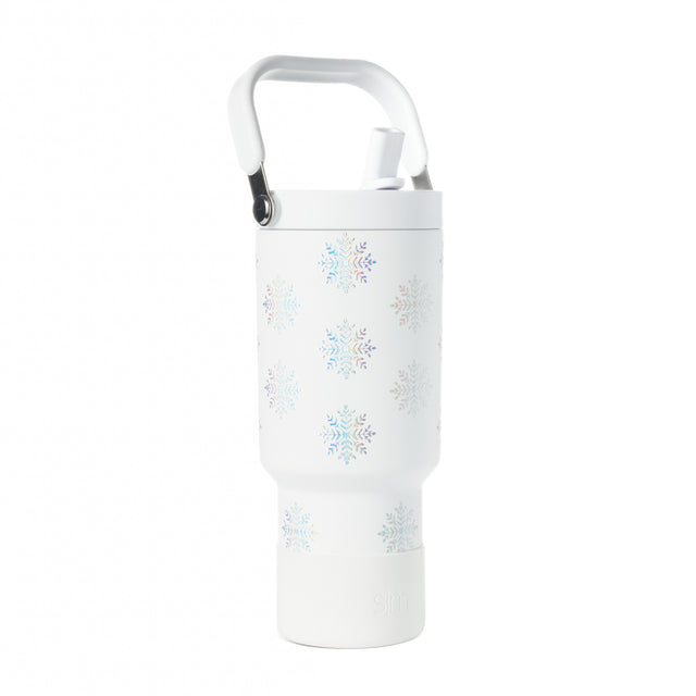 White reusable water bottle with light blue, pale pink, and muted pastel accents, front view.