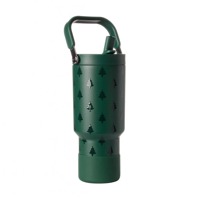 Deep forest green water bottle with black tree pattern overlay