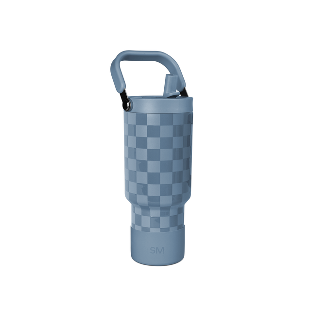 Blue ceramic mug with checkerboard pattern, slate blue body with muted blue tones, modern minimalist design