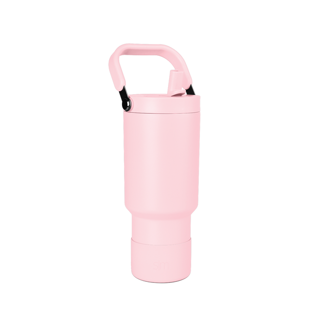 Pale pink cylindrical product with matte finish and black carabiner clip hardware