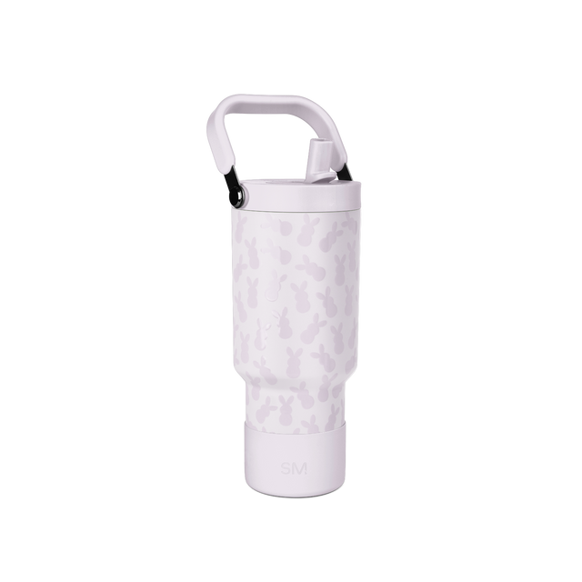 Light lavender water bottle with mauve camo pattern, white handle and rim, black accents