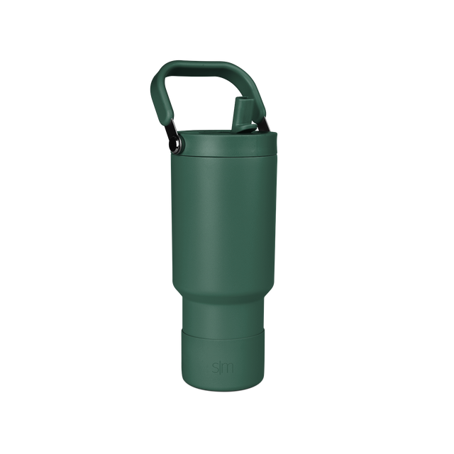 Forest green cylindrical tumbler with handle, featuring a deep sage green color throughout the body and handle.