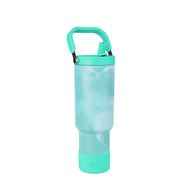 Turquoise and white translucent plastic bottle with rigid structural components and blue-gray tints