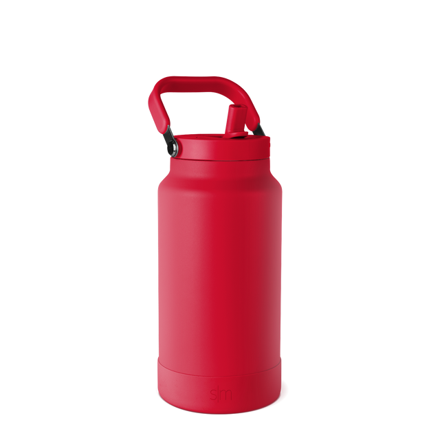 Vibrant coral-red insulated water bottle displayed against a white background.