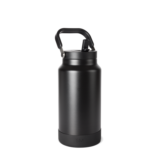 Black matte water bottle with metallic upper section and cylindrical body design