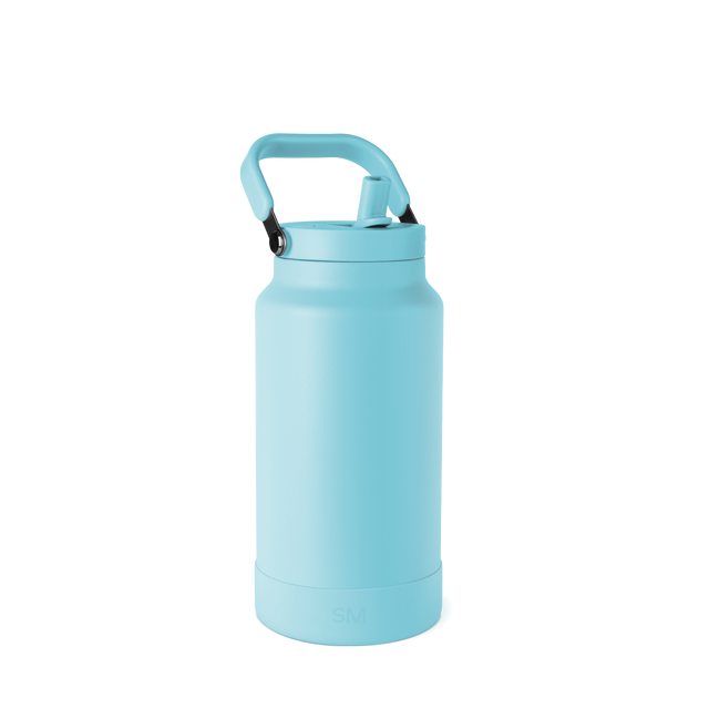 Light turquoise double-wall stainless steel insulated water bottle with cylindrical body and tapered base, shown against a white background.