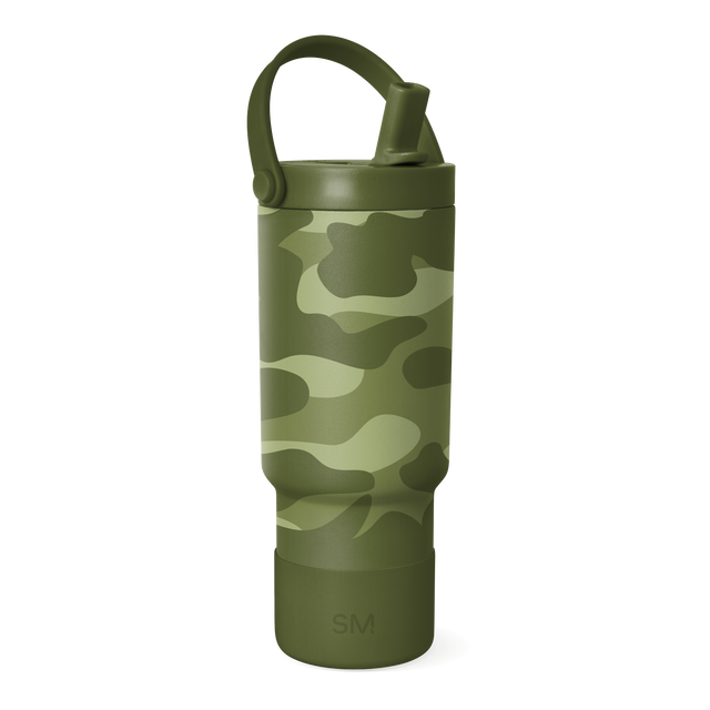 Olive green insulated water bottle with camouflage pattern in sage green, khaki, and forest green, featuring matching olive cap and base.