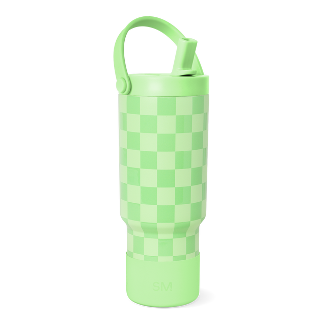 Lime green water bottle with alternating light mint and kelly green sections, featuring a secure lock mechanism and measuring markings along the side for hydration tracking.