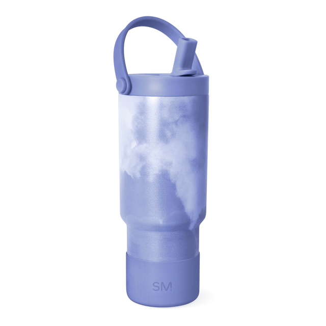 Periwinkle blue water bottle with lavender and white watercolor cloud effect in the middle section