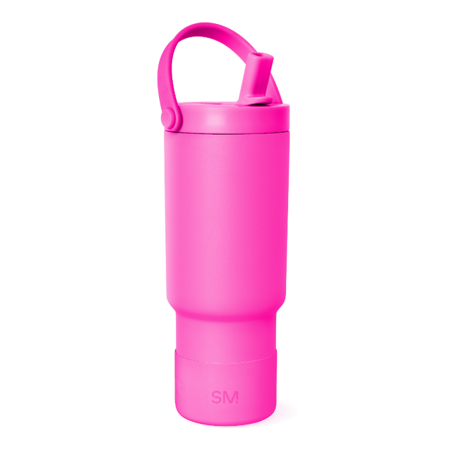 Vibrant hot pink insulated bottle with smooth surface finish, full view of cylindrical drinkware product against white background.