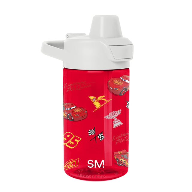 Red water bottle with white cap and SM logo, gold accents