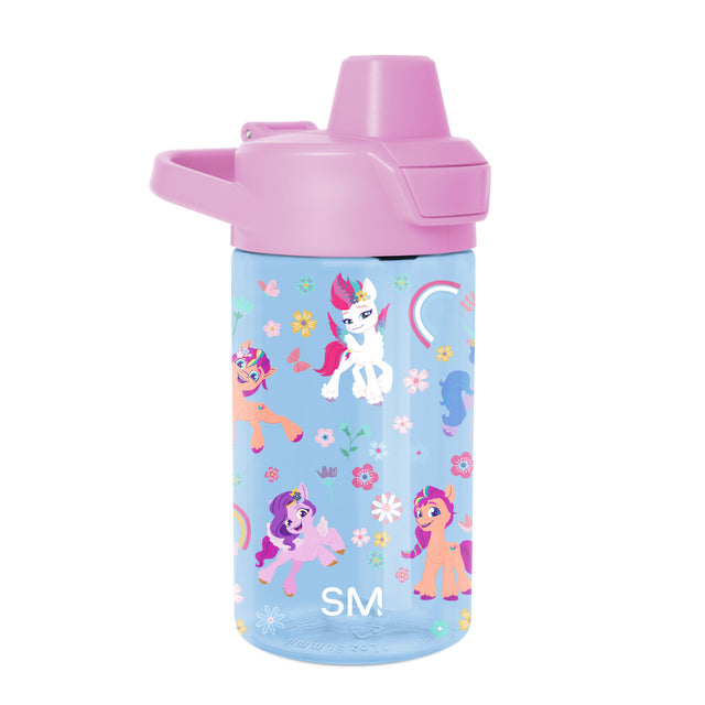 Periwinkle blue water bottle with vibrant pink cap, featuring hot pink and coral orange accents