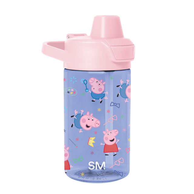 Periwinkle blue water bottle with soft pink cap, spout, and carrying handle featuring colorful accents throughout the design.