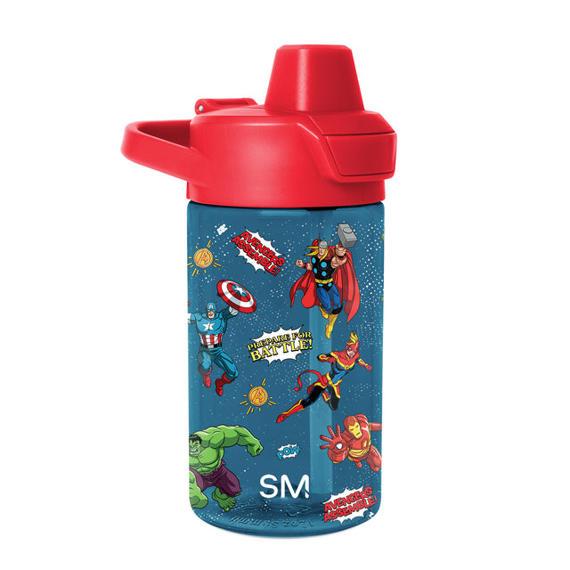 Teal water bottle with red lid and spout, featuring colorful character illustrations as accent details.