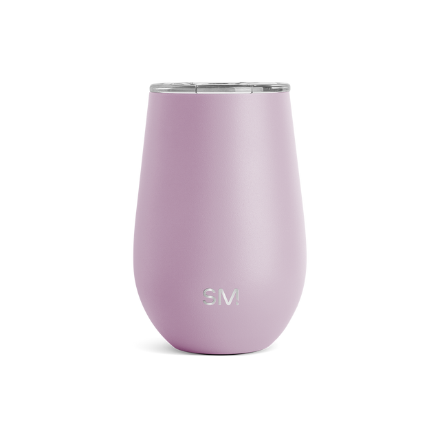 Soft dusty mauve drinkware with polished stainless steel lid rim