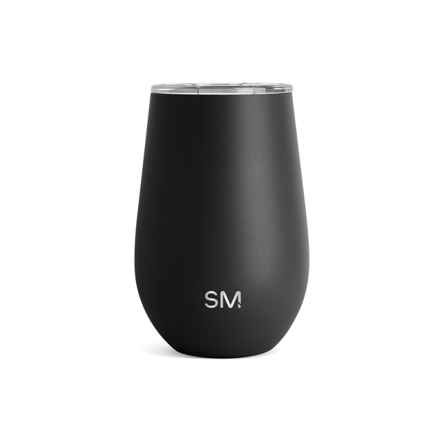 Matte black tumbler with stainless steel silver rim against white background