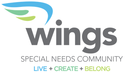 Wings logo with sky blue, mint green, and lime green colors on dark gray text background