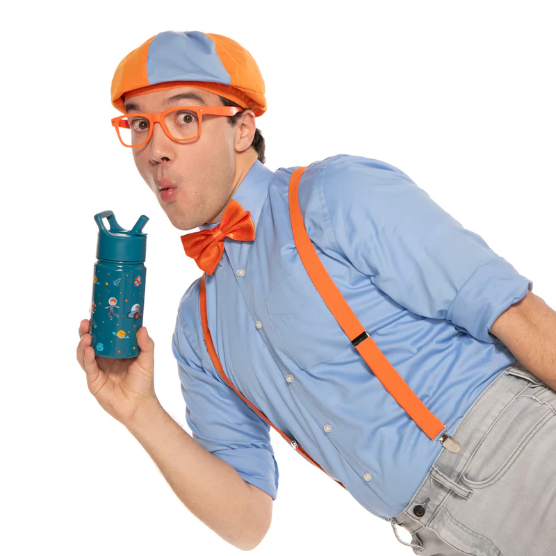 Man holding Blippi stylized bottles