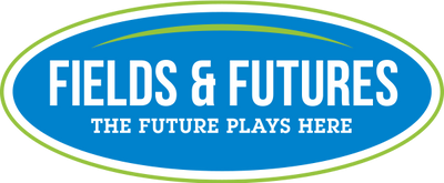 Fields & Futures logo, white lettering in a blue oval above the words The Future Plays Here