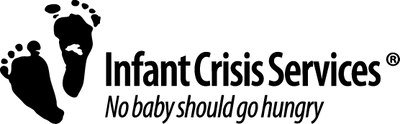 Infant Crisis Services logo, two baby footprints beside the words No baby should go hungry