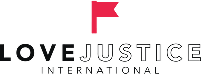 Love Justice International logo featuring a bold red flag icon on white background