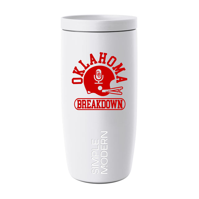 White insulated tumbler with vibrant red graphics and text, featuring SM silver branding on the lower portion