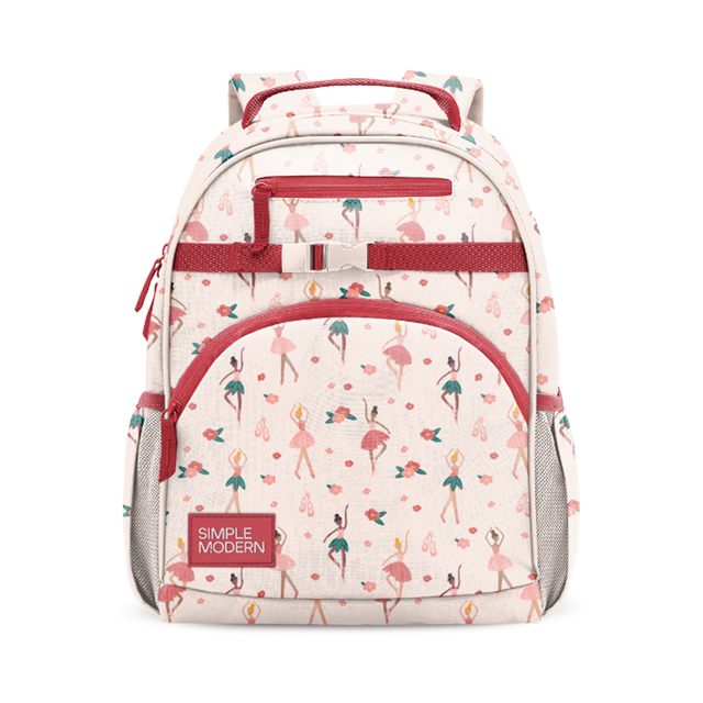 Cream and light beige backpack with coral red, teal blue, and pale pink accents and colored straps