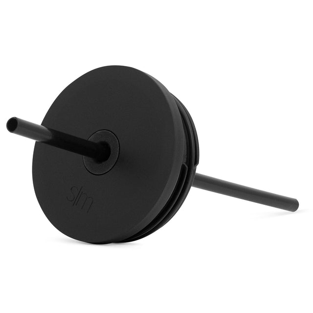 Matte black replacement straw lid for plastic tumbler with two black straws extending horizontally through center and threaded grip area, shown against light background.