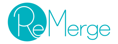 Remerge logo: teal circular background with white-outlined teal letterforms spelling "remerge"