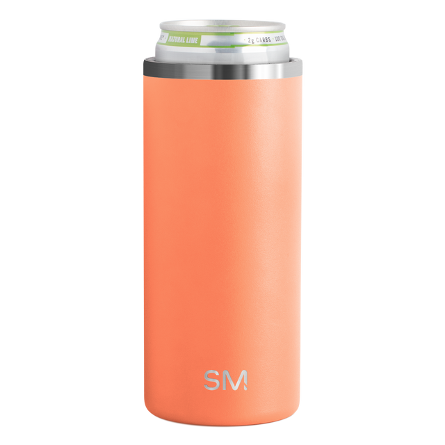 Tall coral-peach cylindrical beverage insulator with brushed stainless steel rim bands at top and bottom and matte textured finish on body.