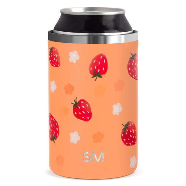 SM Strawberry Patterned Can Cooler with vibrant coral base, bright red strawberries with white seed details, and small green leaves on peachy-orange background.