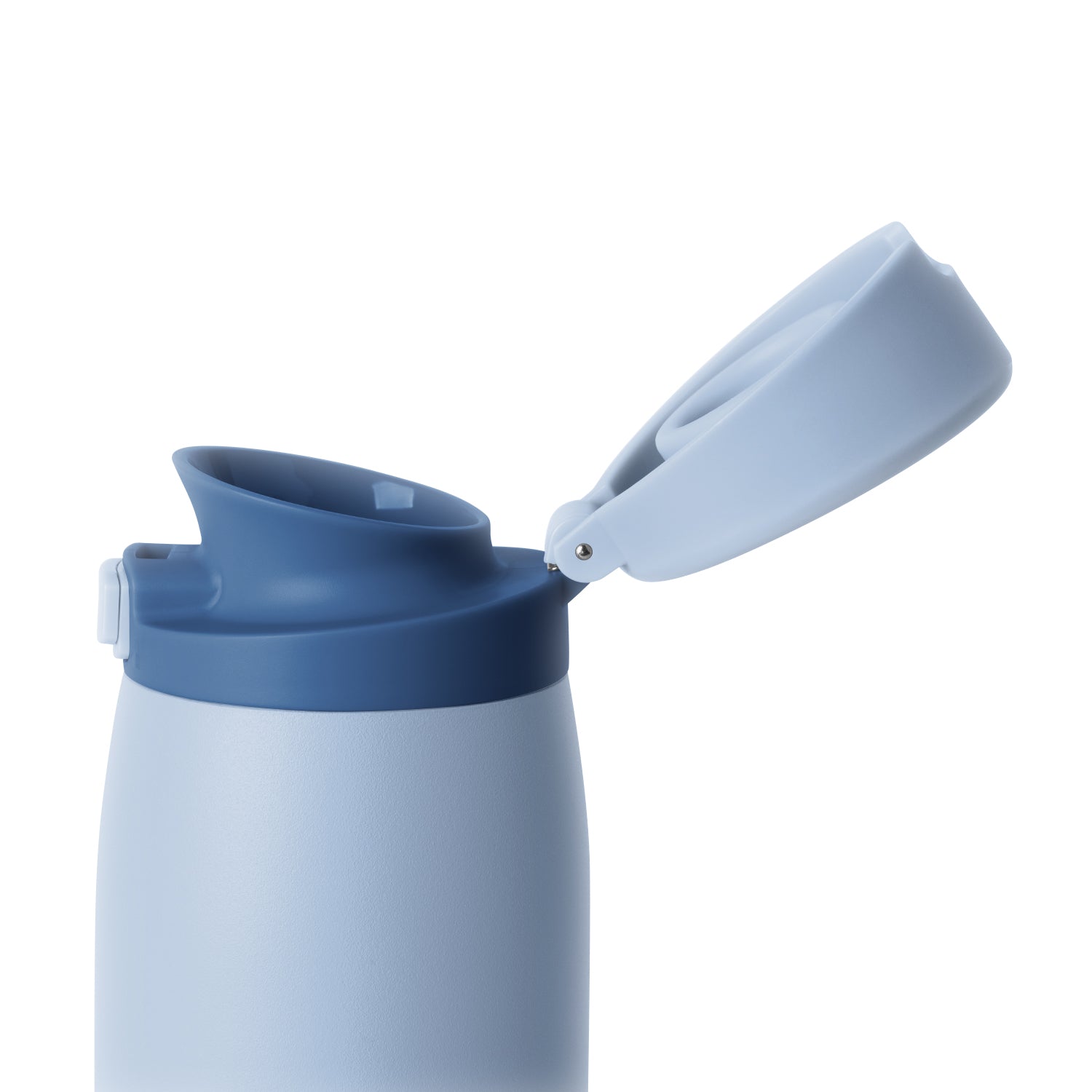 Blue Sidekick coffee tumbler, zoomed into open lid to show details