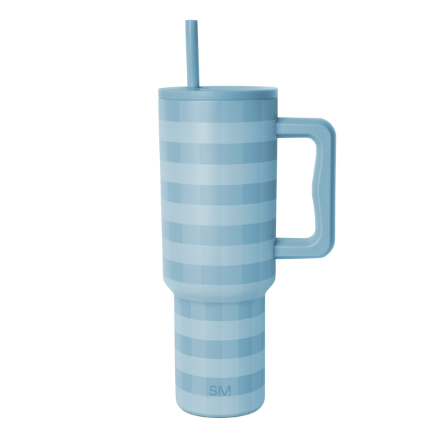 Tall insulated tumbler with soft blue horizontal stripes in varying shades from light sky blue to deep slate blue