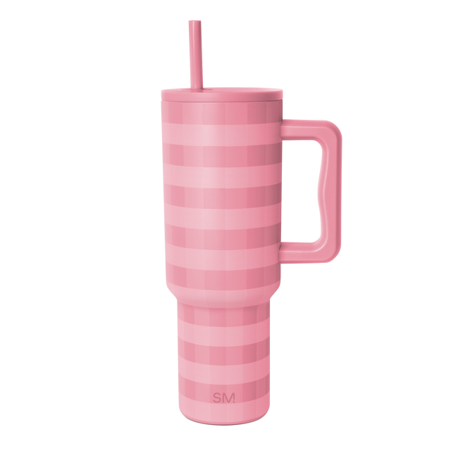 Pink striped tumbler with light pink base and alternating deep rose pink horizontal stripes