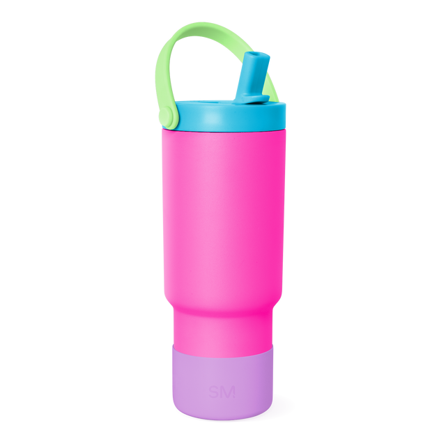 Hot pink and cyan blue color-blocking water bottle with cyan blue lid and straw cap