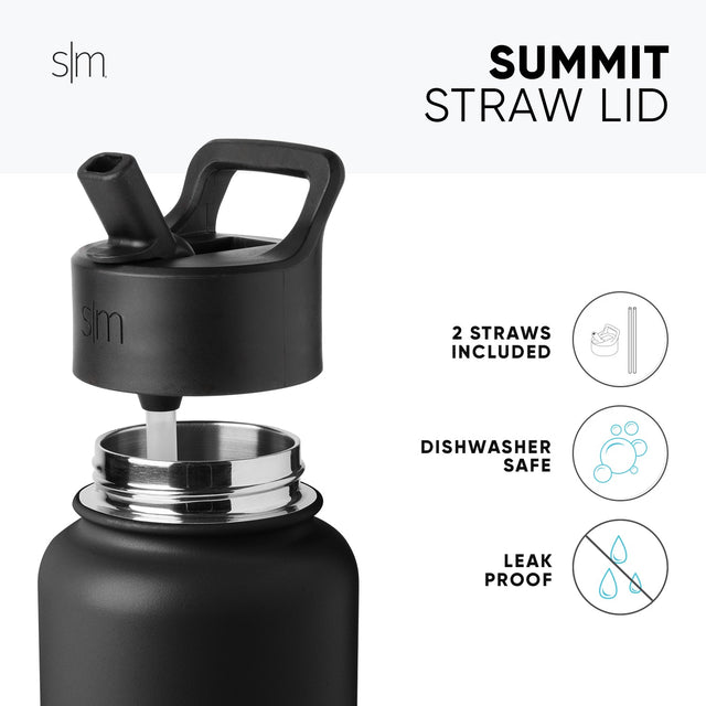 Black and metallic silver SM Summit water bottle with matte finish base, polished stainless steel interior rim and straw attachment hardware