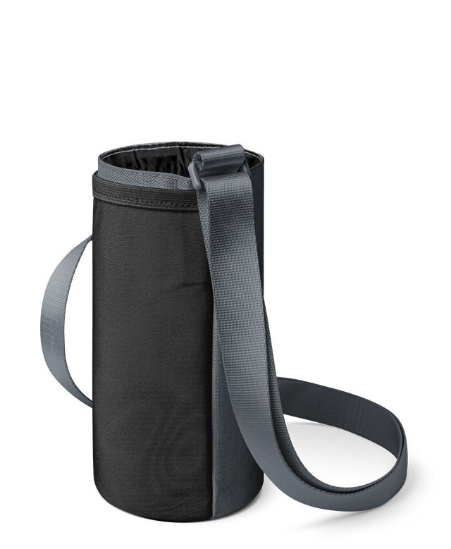 Charcoal gray cylindrical container with dark gray fabric body and lighter slate gray accents in monochromatic color palette