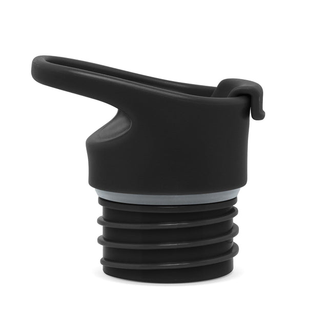 Black cylindrical lid with ridged threading and gray accents on white background