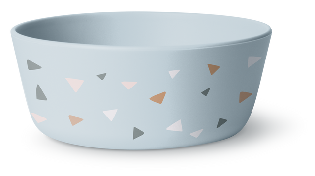 Light blue-gray ceramic bowl with geometric triangular accent shapes in terracotta brown, blush pink, and gray.