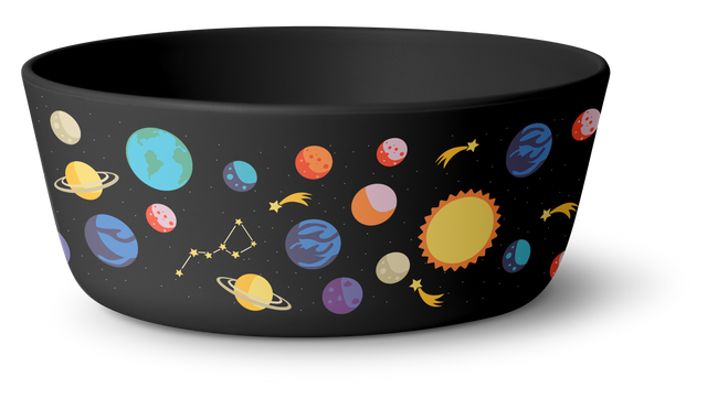 Space-themed children's bowl with cylindrical shape, featuring whimsical cosmic pattern on charcoal black background