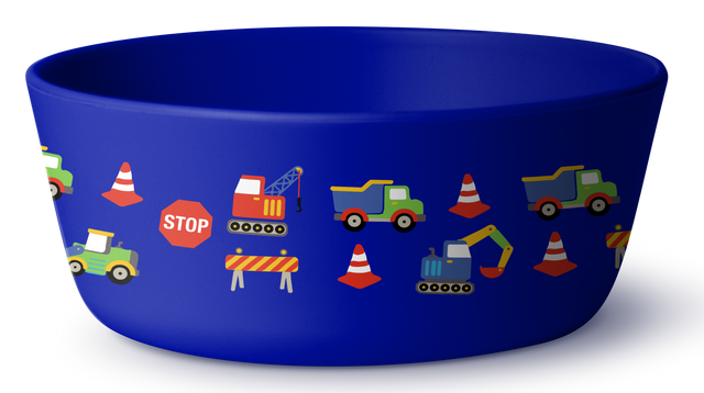 Cobalt blue decorative bowl with bright orange construction vehicle and red traffic cone design on interior surface