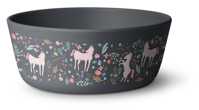 Charcoal gray ceramic bowl with multi-colored decorative pattern including pink, cream, sage green, teal, dusty blue, and coral red illustrated elements