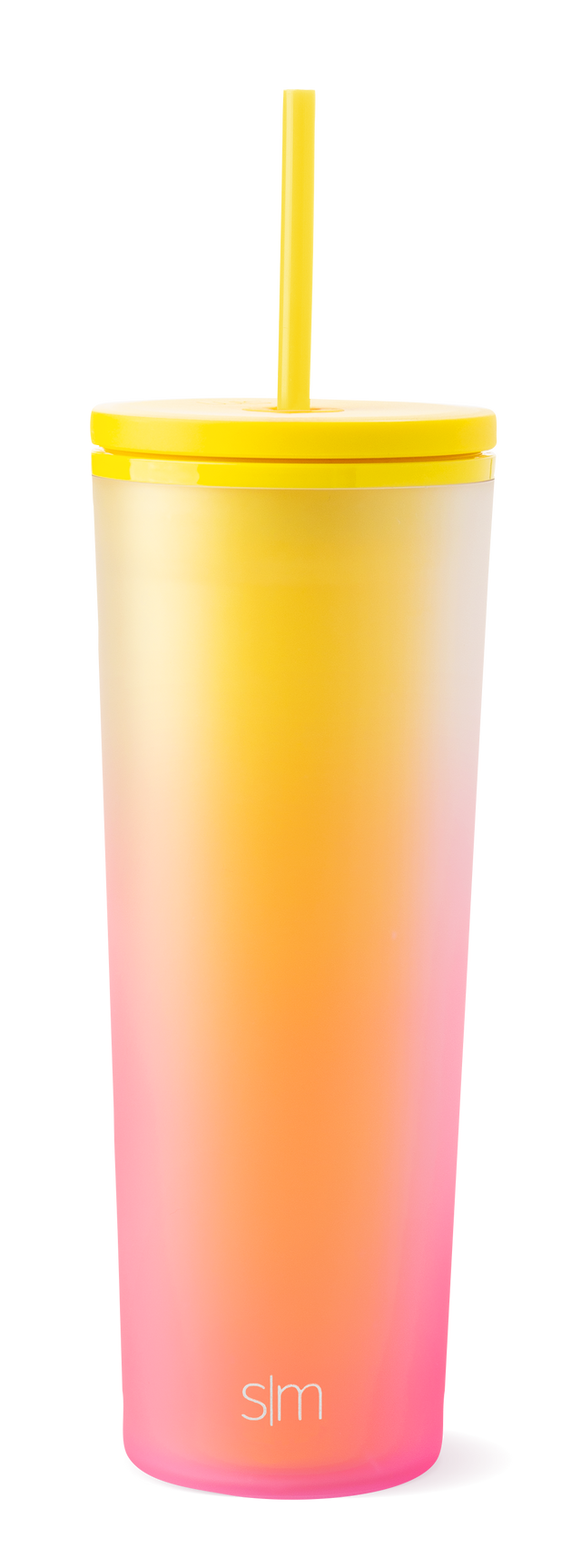 Ombre gradient tumbler transitioning from pale yellow to peachy orange to hot pink, with bright yellow lid and straw