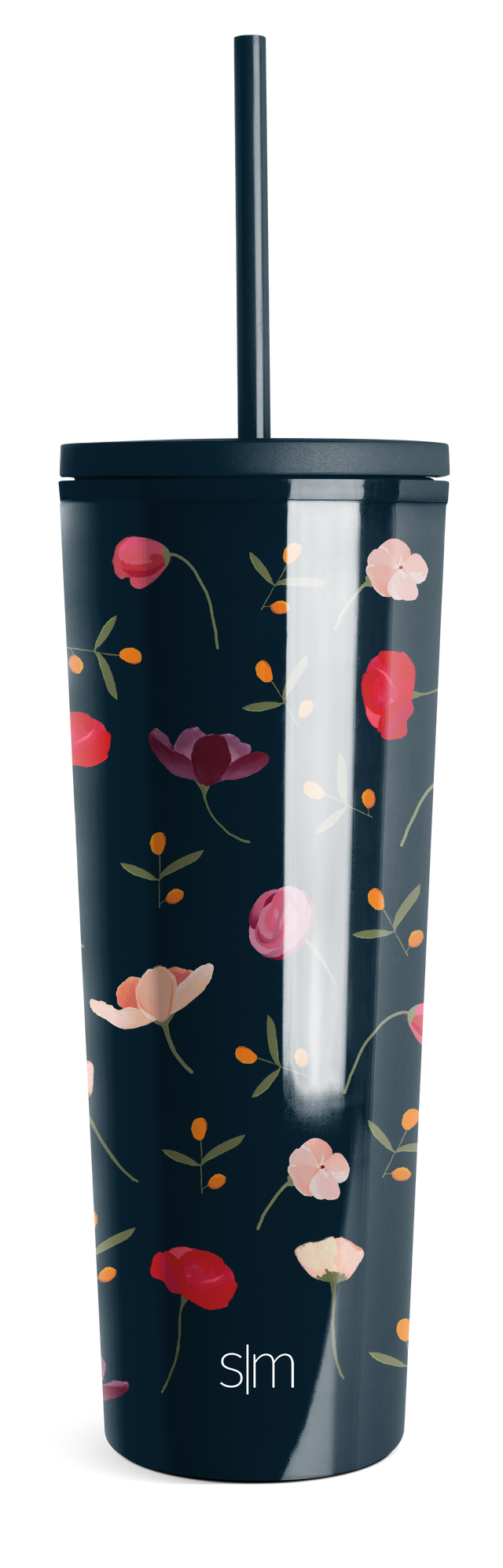 Dark navy blue tumbler with vibrant layered accent colors including coral red, blush pink, soft peach, and warm orange stripes or bands across the surface