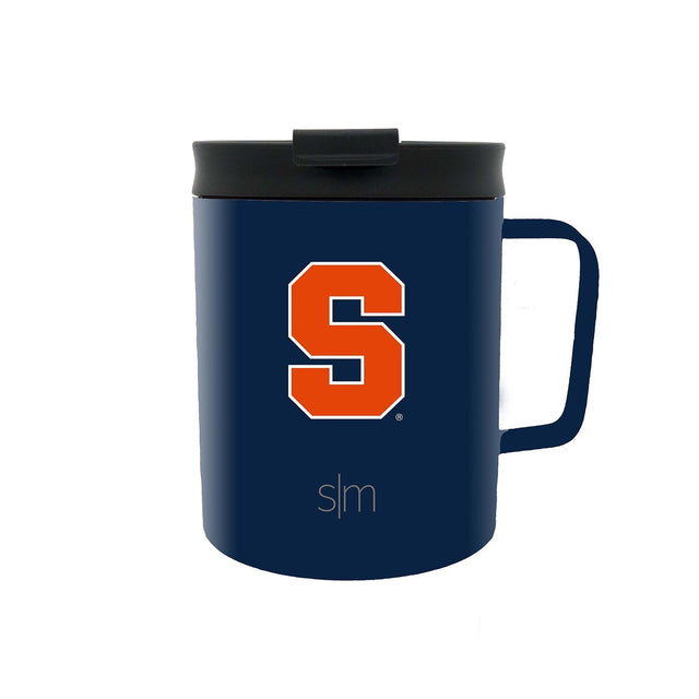 Navy blue mug with black lid and navy handle, featuring bright orange-red and white logo and branding accents for strong visual contrast.