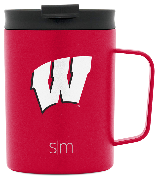 Red insulated mug with charcoal gray lid on white background, front view product shot