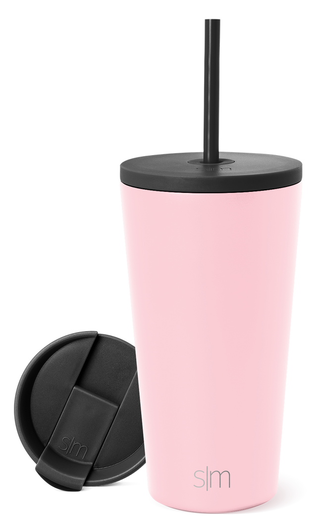 Pale pink Classic Tumbler with black lid and metal straw, displayed with detachable black slider base on white background. Simple Modern product shot showing smooth cylindrical design with SM logo.