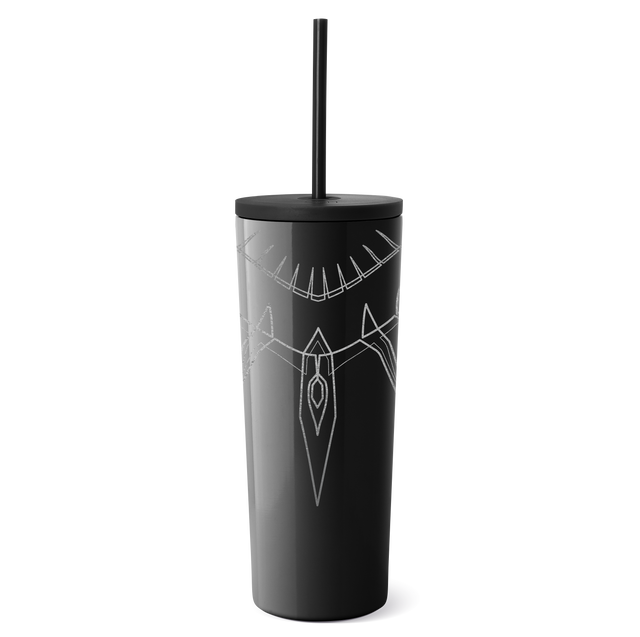 Black tumbler with metallic silver mystical line design